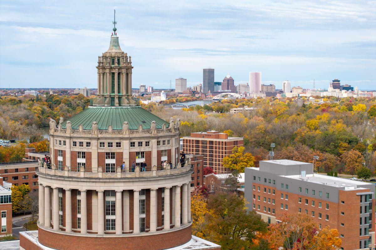 Overhead perspective of the University of Rochester, highlighting the urban environment and its architectural features.